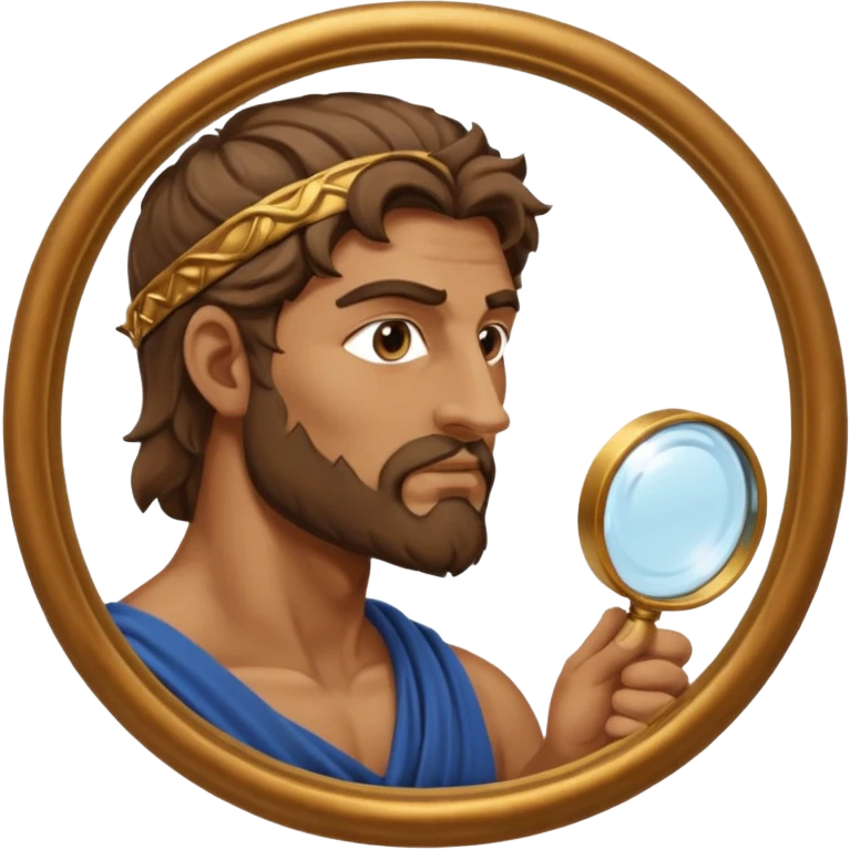 Dios griego de perfil mirando con una lupa de emoji