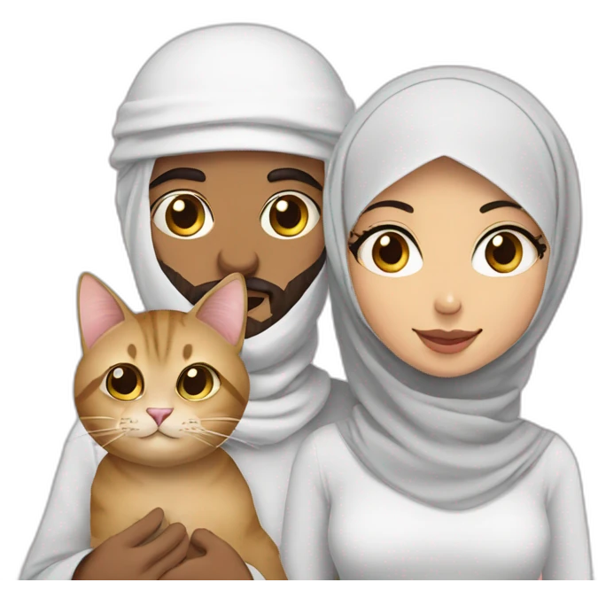 Arabic man and hijab girl with a cat emoji