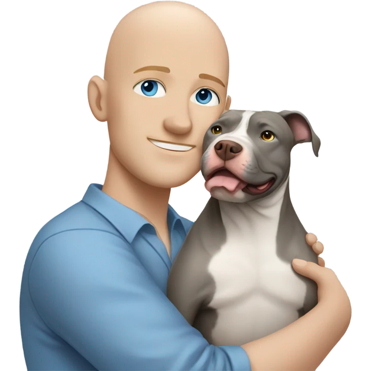 bald white man with blue eyes hugging grey pit bull emoji