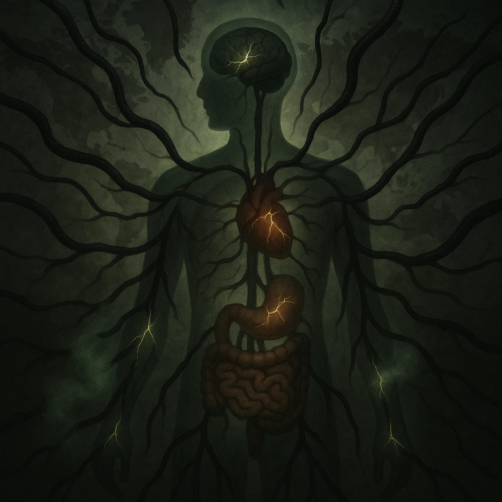 semi-realistic, high contrast lighting, moody and allegorical, medical-fantasy atmosphere; surreal scene with dark, worm-like forms radiating from a semi-transparent human silhouette at the center, branching into every organ (brain, heart, gut, joints); forms extend outward into a faint world map background, glowing cracks where parasites penetrate, sickly green mist from fissures emoji