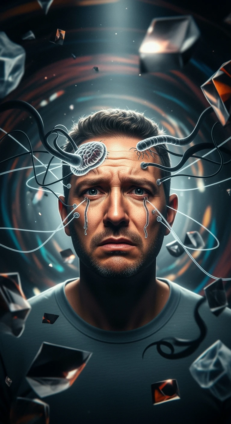 Uomo con espressione confusa e sbalzi emotivi visibili sul volto, in un ambiente surreale. Un'ombra astratta o un parassita trasparente (Toxoplasma gondii) si insinua nel cervello, con linee energetiche che influenzano le emozioni. emoji