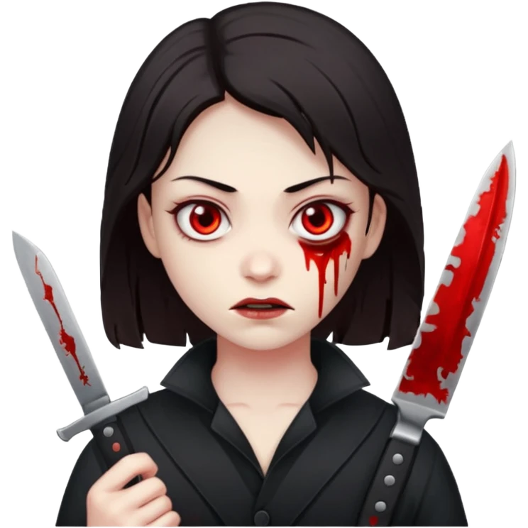 RED EYES, EVIL EMOJI, KILLER EYES, DARK HAIR, BLOODY EYES, KNIFE IS IN THE HAND emoji