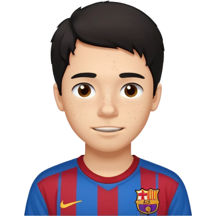 Un chico con pelo liso, desordenado y negro, tiene pecas, brackets, ojos cafés oscuros y con una camisa del Barcelona  emoji
