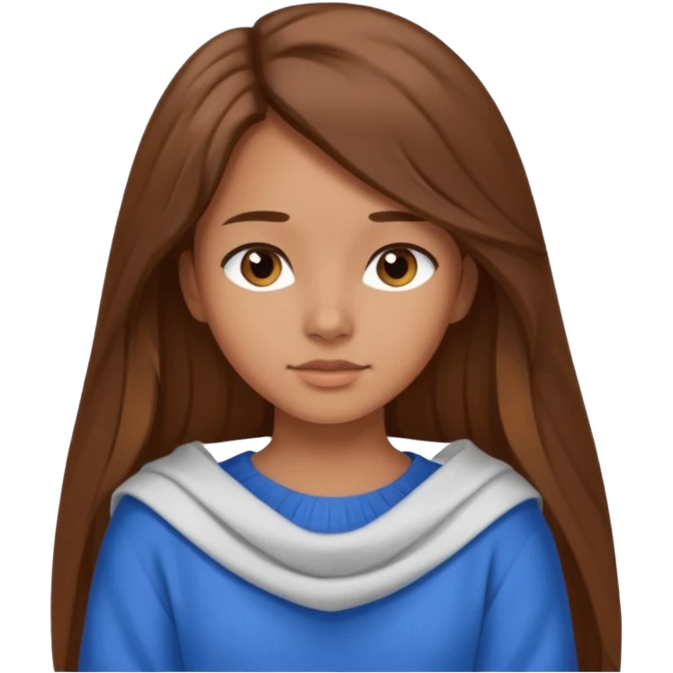 crea una ragazza giovane con i capelli marroni lunghi, una camicia bianca e un maglioncino blu appoggiato sulle spalle emoji