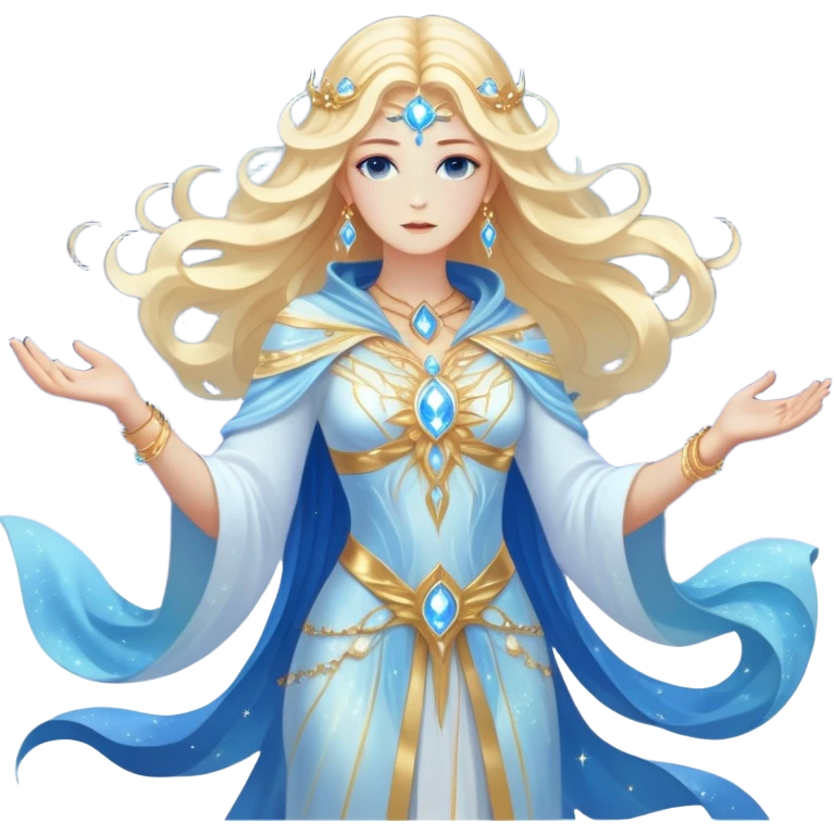 fullbody universe goddess Sophia, Ethereal Light Being, Made of starlight and fractals, Glowing white/gold skin with flowing translucent robes, Hair blue like galaxy mist, Jewelry made of stars and crystals emoji