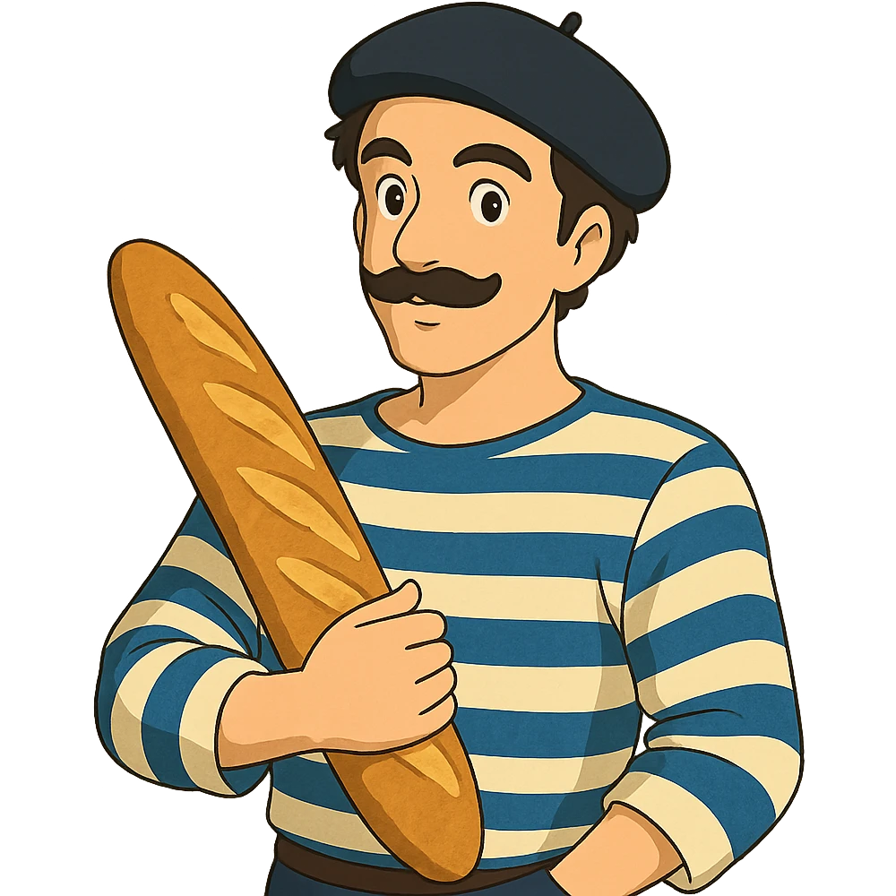 ghibli style French man with blue and white striped shirt, black beret, holding a baguette emoji