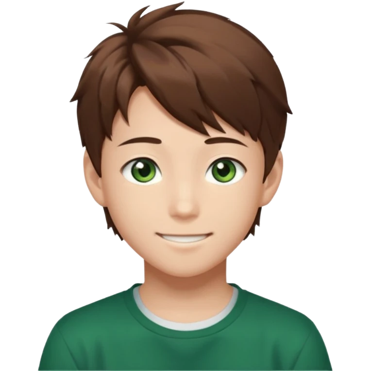 the face of an Anime asian style teen boy with brown hair, green eyes, looking smiling slightly sideways positioned. Face must be main filling of the frame.  128px emoji