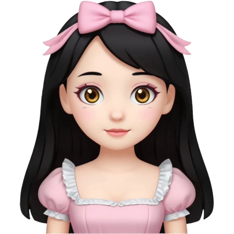 pale girl with medium length black hair, brown eyes, doll-like hime makeup, wearing a light pink hime dress, emoji style, winking emoji