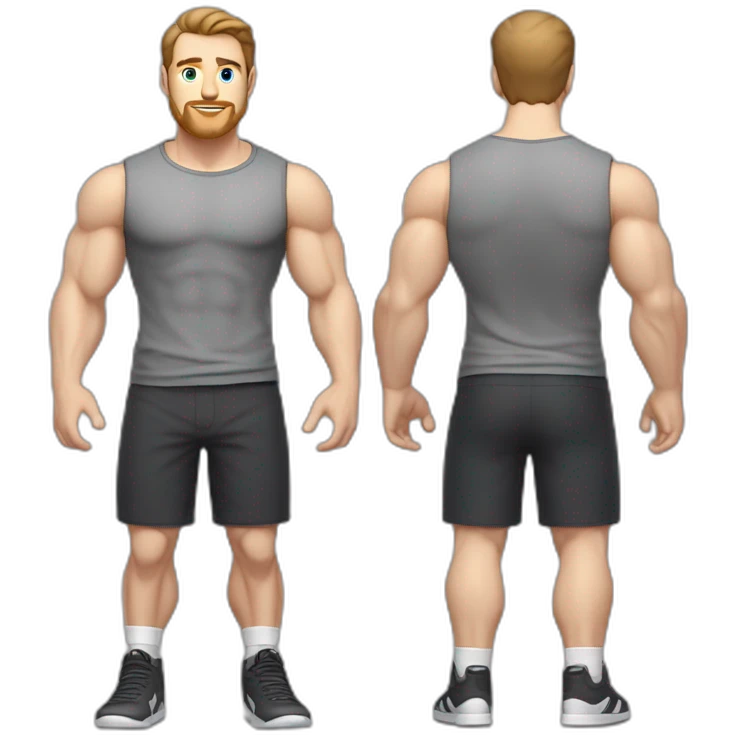 Full height Pale skinned muscular man With Realistic eyes and mouth, light brown hair and stubble In dark gray sleeveless mike, black oversize sports shorts, watch and white sneakers. emoji
