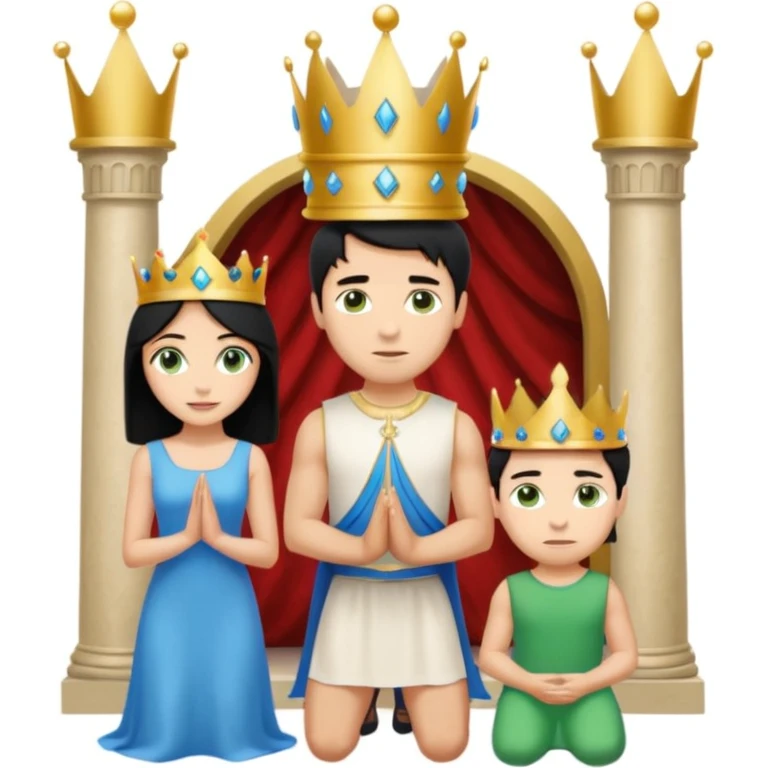 Man as king, standing, black Hair, blue eyes, simple woman, blonde, green eyes, shott white sleveless Dress, kneeling, background palace emoji