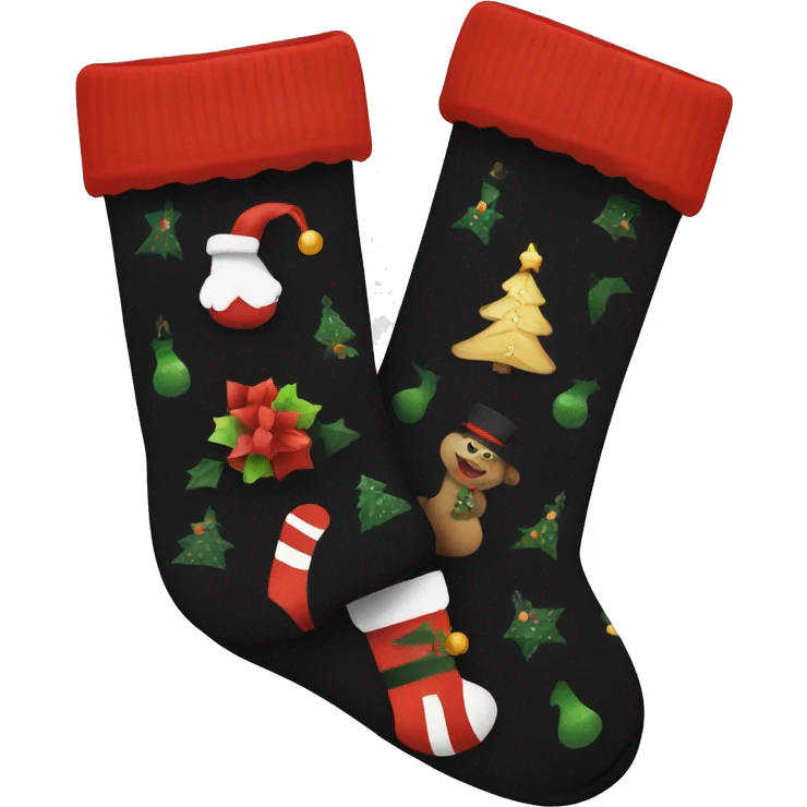 a pair of black socks adorned with a christmas pattern emoji