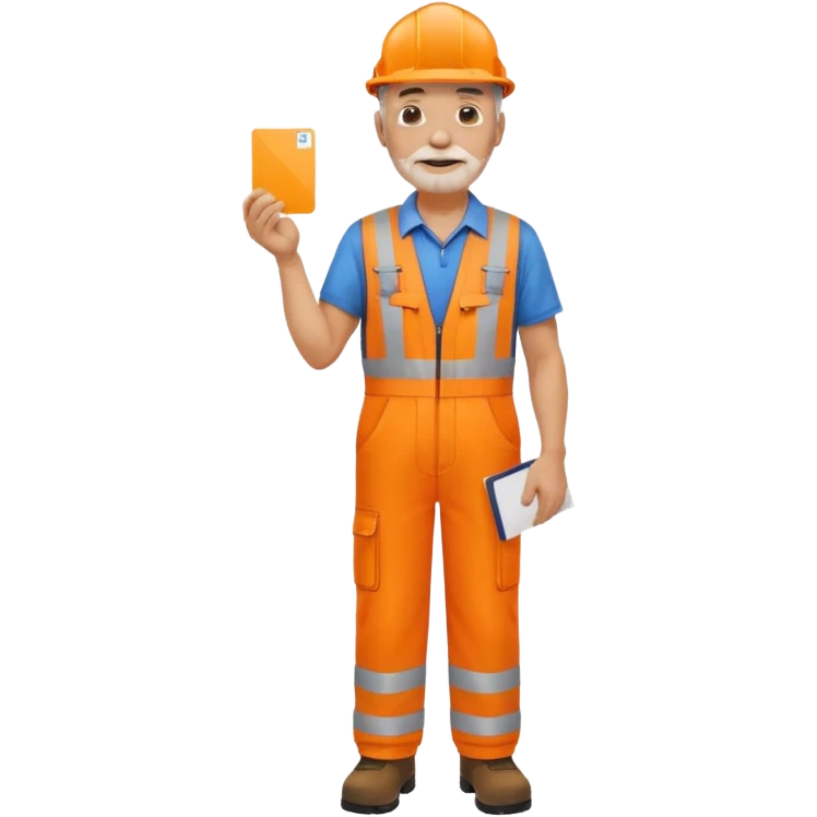 older engineer hi-vis orange overalls standing full body holding a card emoji