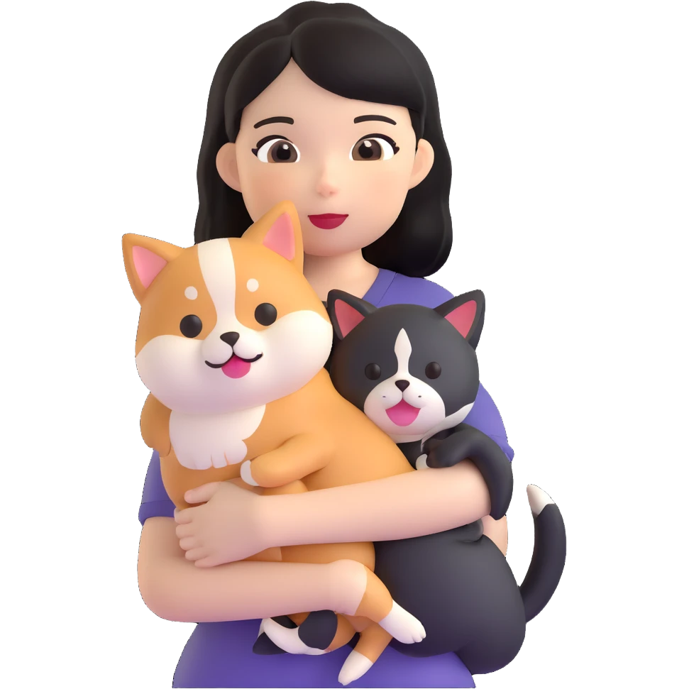 girl with black shoulder-length hair wearing a black tight-fitting top with a calico cat with white mouth and a shiba inu dog emoji