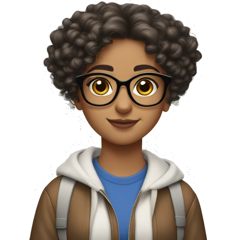 An Arabic girl with medium long curly hair but not too curly with big dark brown glasses and nice hazel eyes. And AirPods Pro max  emoji