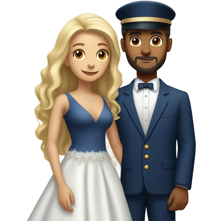 Puerto rican beard short hair with blue hat and navy blue suit getting Married with blond long hair girl with white  wedding dress  emoji