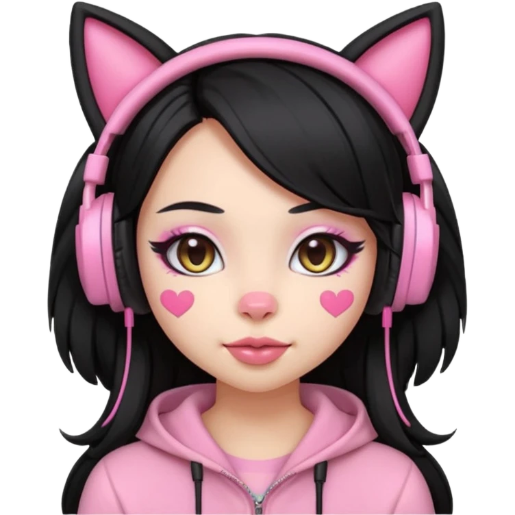 “Emoji girl, pastel pink streaks in thick long black hair hair, bold winged eyeliner, heavy blush on cheeks and nose bridge, under-eye hearts, glossy pink lips, playful smirk and gaming headphones and cat ears.” emoji