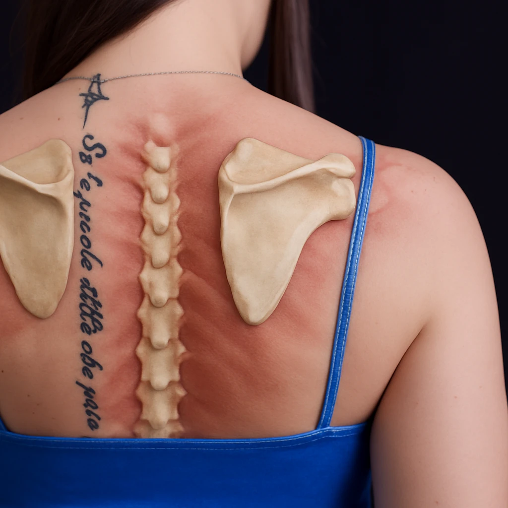 Add scapulae on the woman's back in a realistic style with slight coloration to distinguish the bones from the muscles. The image should clearly differentiate bone and muscle tissue by color. emoji