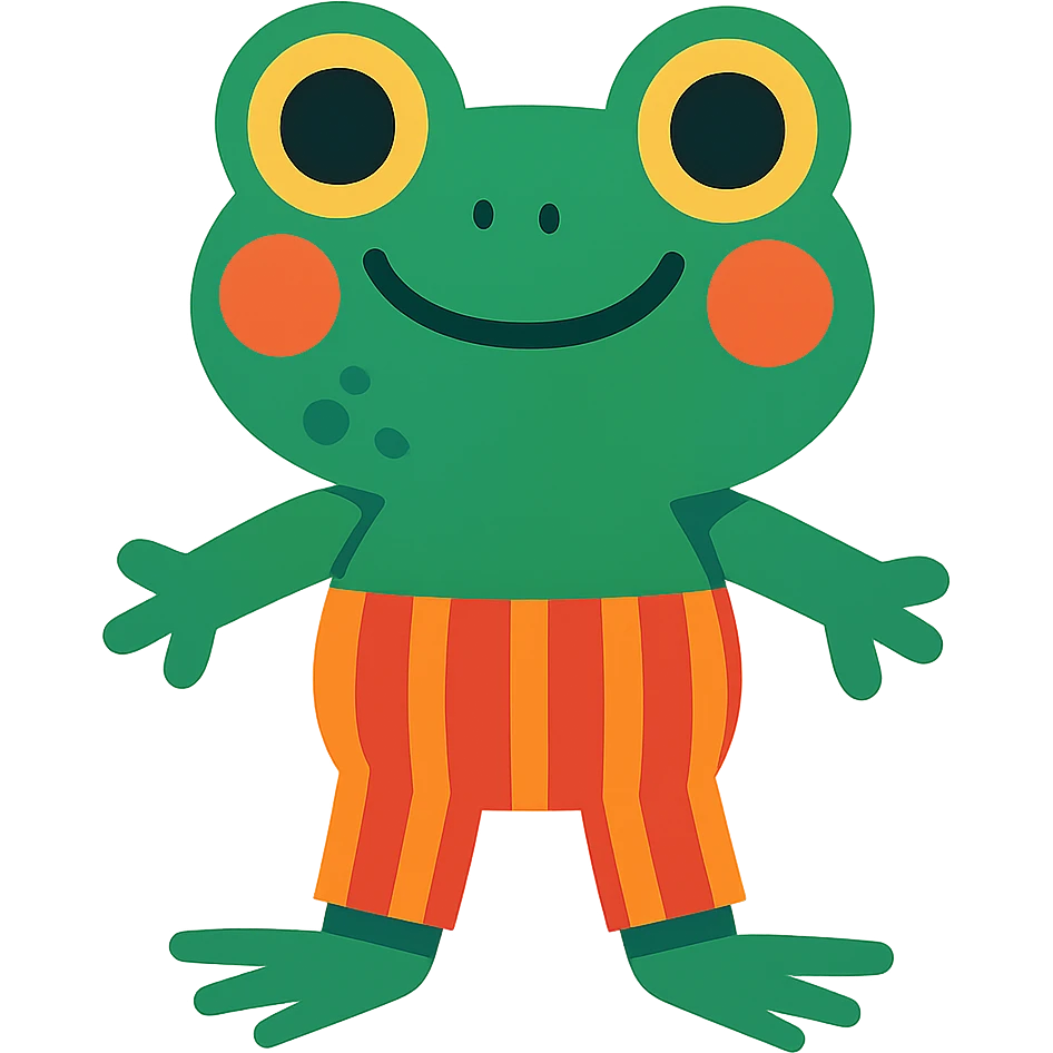 a whimsical frog with striped pants, cheerful expression emoji