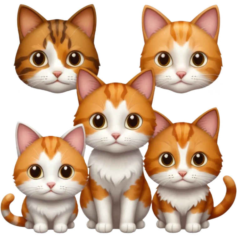 3 small cats different colours including brown tabby and white, patchy calico, and ginger and white emoji