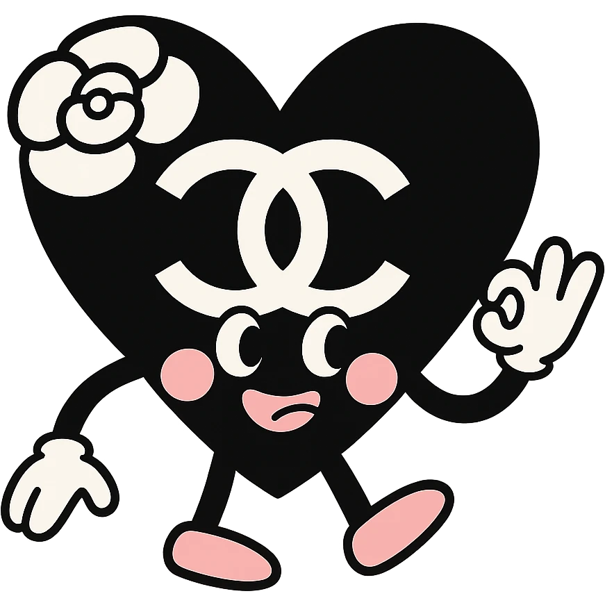 Chanel heart in pastel toon style, soft colors, black and white with a hint of pink, camellia flower accent emoji