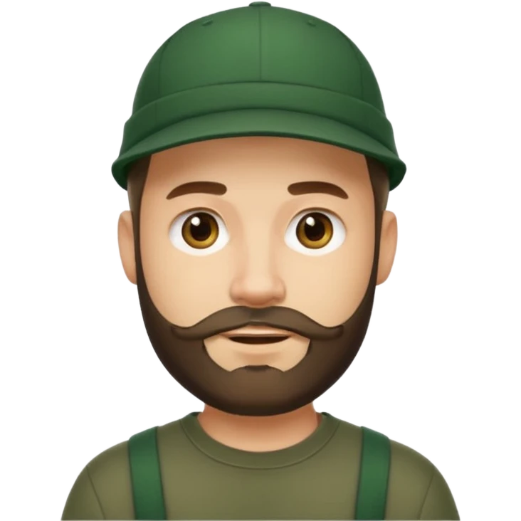 man with medium beard, short hair, wearing dark green cap, slight smile, clean and modern Apple emoji style emoji