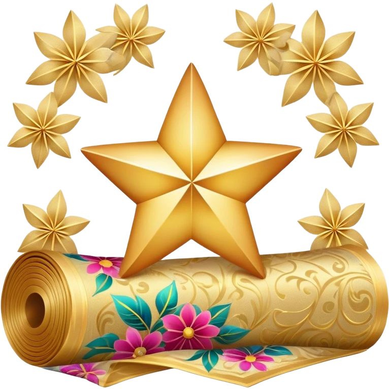 simple composition of a glowing sparkle or star shape in foreground with only a roll of patterned fabric behind it, no faces emoji