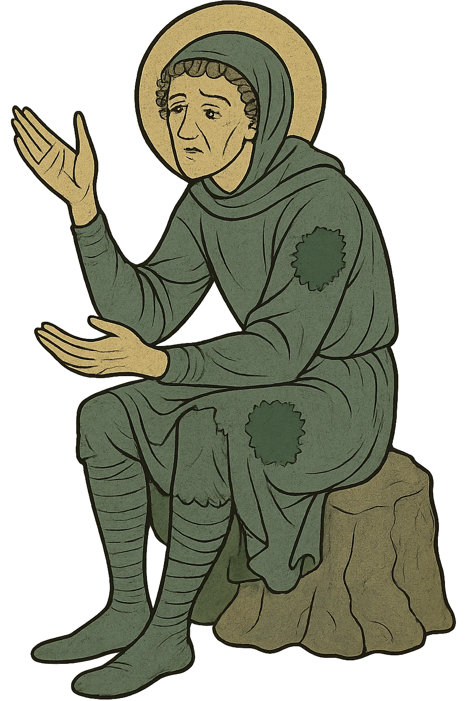 Edit the image to depict a medieval peasant in tattered clothes, sitting on a rock, with a transparent background, maintaining the medieval art style and details. emoji