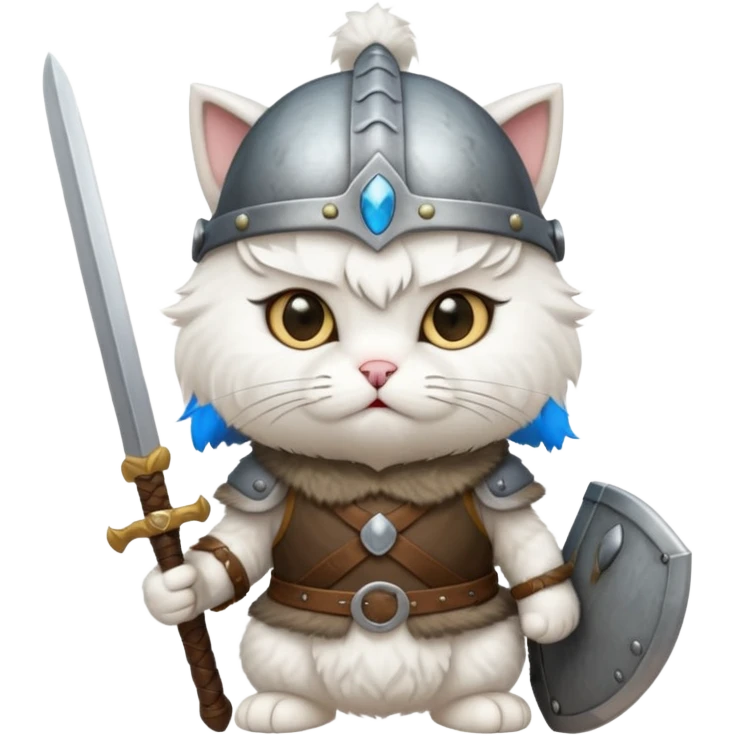 white cat with viking helmet and sword emoji