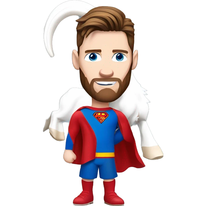 Messi holding a goat, redish hair redish beard, blue eyes, dressed as superman emoji