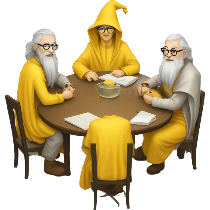 group of gandalfs, round yellow table, yellow clothes, glasses, macbooks emoji