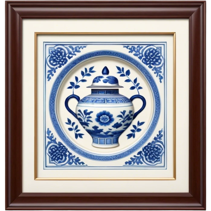 Cinematic Realistic image of exquisite blue and white porcelain, rendered with delicate, intricate patterns and fine textures, showcased against a classic Chinese backdrop with soft, refined lighting emoji