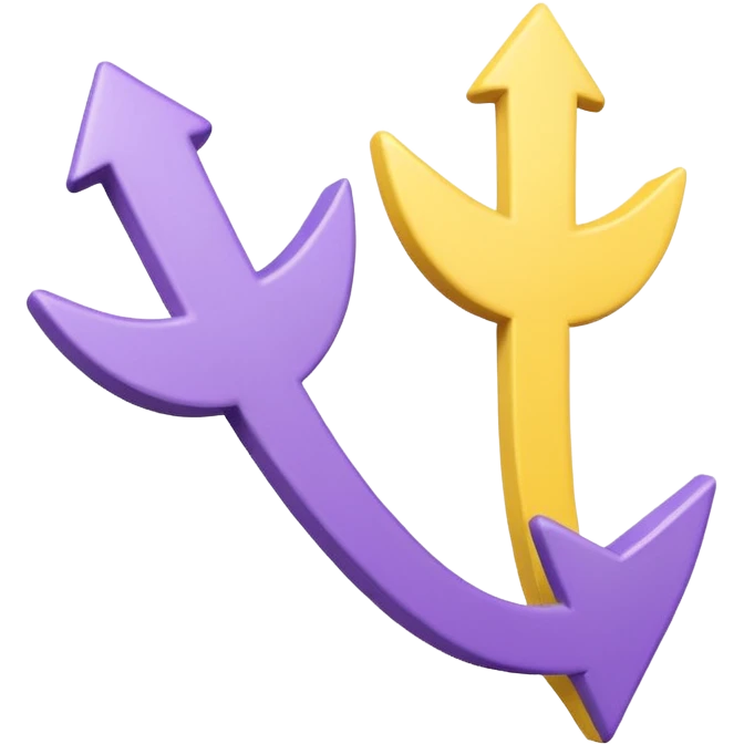 Two rounded arrows, one pointing up (yellow), one down (purple), soft 3D effect, pastel colors, Pixar style, hand-drawn texture, transparent background emoji