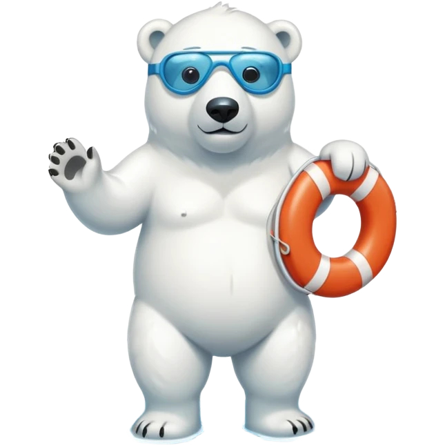 full body friendly anthropomorphised polar bear wearing swim shorts and swim goggles, standing in a puddle, holding a life buoy emoji