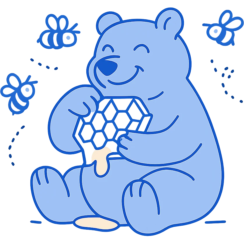 happy bear enjoying honeycomb surrounded by bees emoji