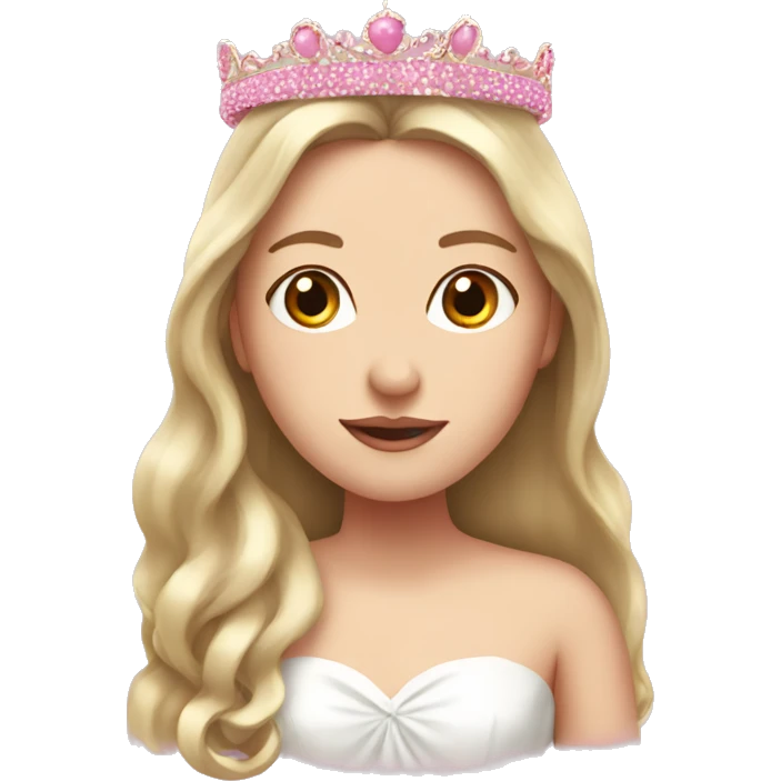 White girl with long hair as a bride wearing pink crown and pink bow on top of a head emoji