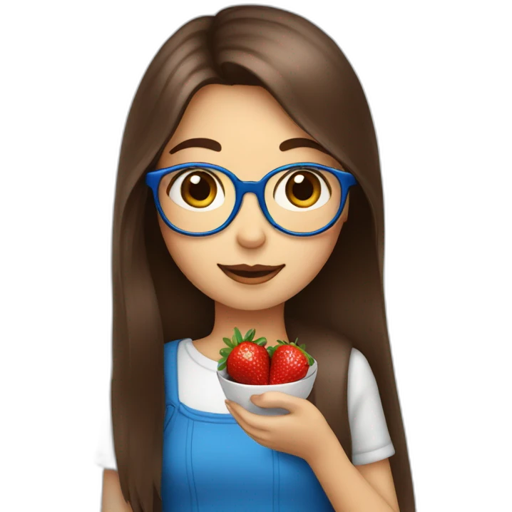 Glasses girl with long brown hair with blue in between hair eating chocolate strawberry emoji