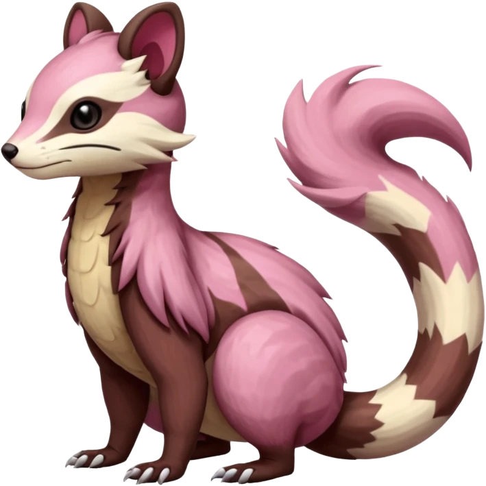 Rare realistic brown-scaled pink, white beige edgy badass epic pretty beautiful handsome gorgeous aesthetic colorful vibrant Vernid-Furret-Linoone-Salandit-Amaura-species-Fakemon-creature by LiLaiRa, random markings, (full body) emoji