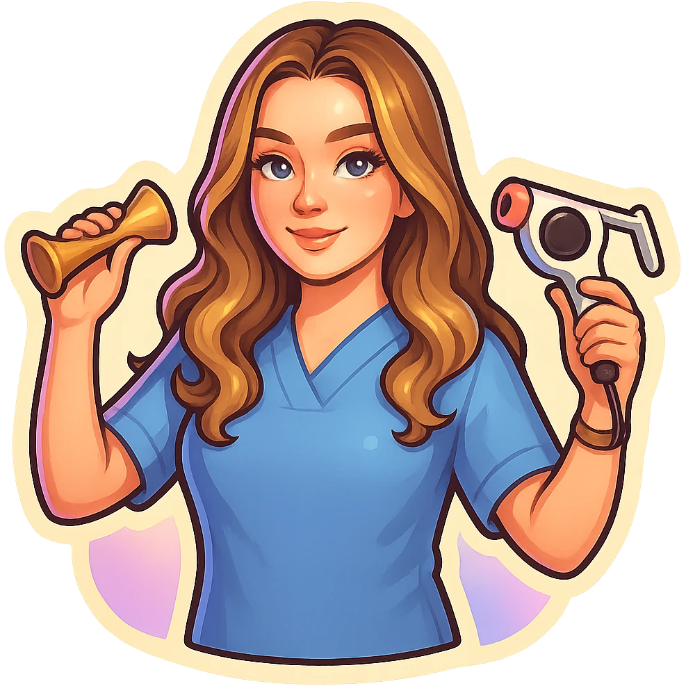 A girl with facial features and light wavy hair as in the reference, wearing a blue medical suit, holding an obstetric stethoscope in one hand, the other hand down, close-up, in retro stickers style with thin clean contours, soft rounded shapes, pastel palette, retro sticker aesthetic, detailed shadows and highlights, soft lighting, transparent background. emoji