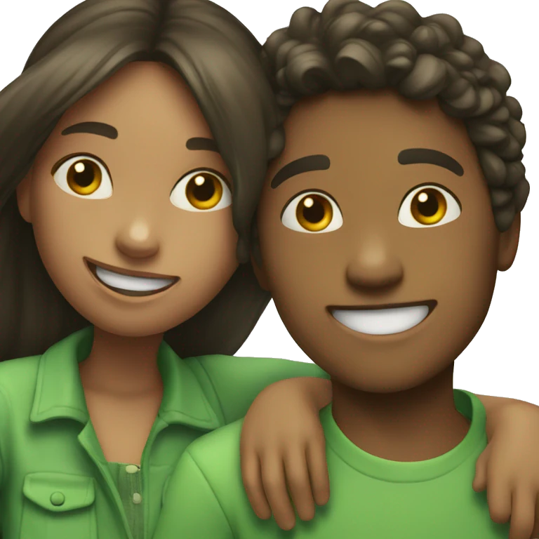 Girl in green and boy sharing a joyful moment emoji