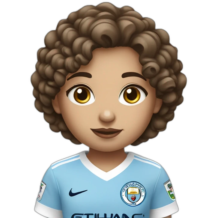 girl with short curly brown hair and eyes wearing Manchester City football shirt standing with a soccer ball emoji