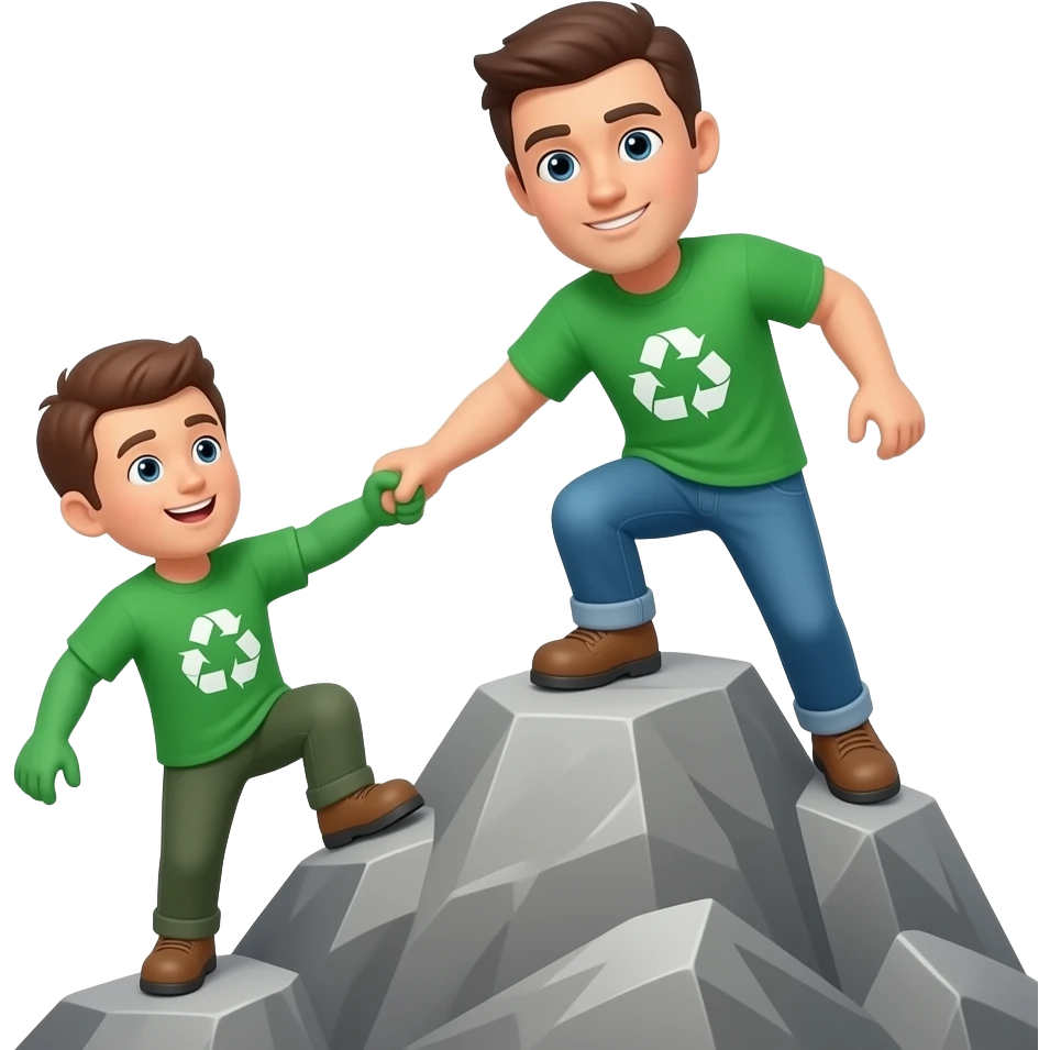 extremely simple recycling theme character pulling up another character from a mountain ledge looking straight on emoji