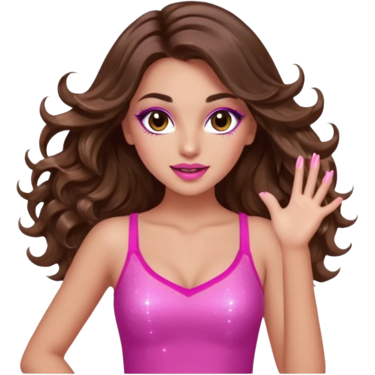 girl with long wavy brown hair, brown eyes, long lashes makeup, sexy pink lips, light to medium complexion, pink sexy top, dancing, sparkling emoji