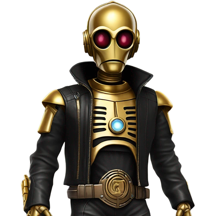 battle rough and tough c3Po wearing Satan’s leather biker outfit with guns hat on head. walking emoji
