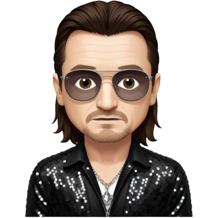Bono from U2 with long dark brown hair, black sequin outfit  emoji
