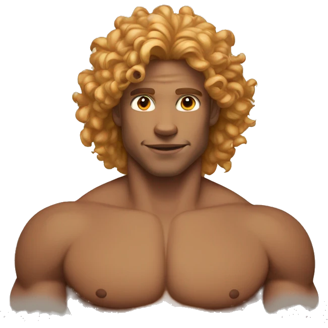 man with curly golden hair, medium brown skin, eyes the same color as his hair and cat eyes, shirtless and muscular emoji