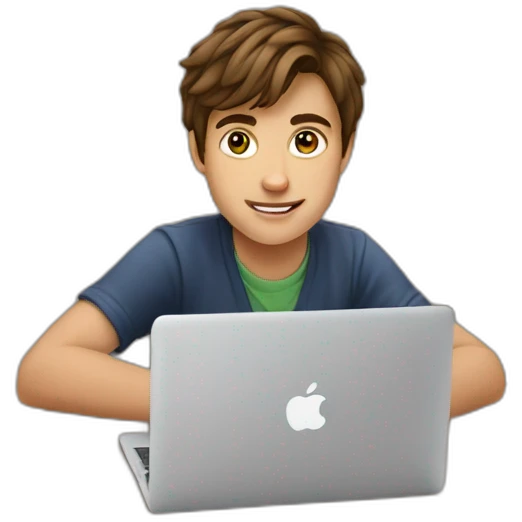 A 19 years old kid with brown hair using a MacBook on a table emoji