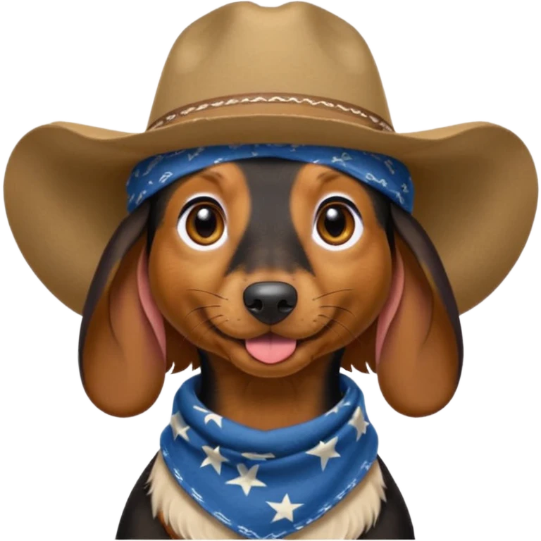 mostly black with some brown long hair daschund with a cowboy hat, ears curl out a bit and bandana and tongue slightly out emoji