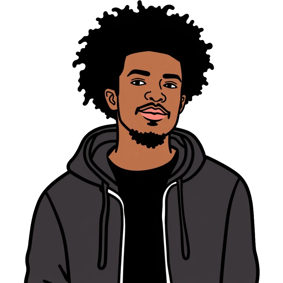 Black man with mid afro hairstyle wearing a black shirt and hoodie emoji