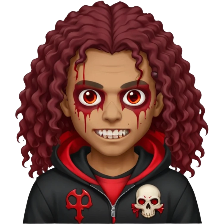 Vampire wearing black hoodie with a skull logo on it, long curly hair, brown skin, fanged teeth, blood under eye sockets/forehead, piercings on eyebrows, long curly hair with a patch (section) of red and blood on hands emoji
