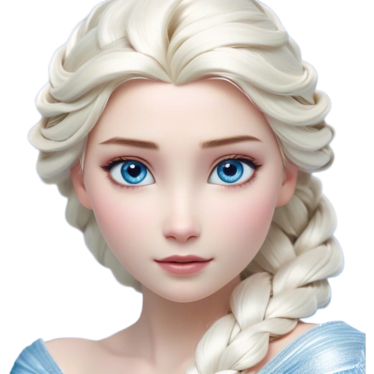 Cinematic Realistic Elsa Portrait, depicted with lifelike skin texture, soft natural lighting, and intricately detailed platinum blonde hair styled elegantly. Her striking, expressive blue eyes exude confidence and grace, complemented by a serene and regal expression. She is dressed in her signature icy attire, with shimmering fabric textures and delicate folds that catch the light beautifully. The portrait features a soft, enchanting glow with a cool, radiant finish, capturing the essence of timeless elegance in a realistic and painterly style, evoking a sense of depth and authenticity. emoji